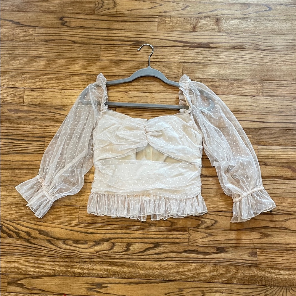 Romantic Coquette Sheer Cream Lace Blouse with Cutout and Polka Dots Sz L